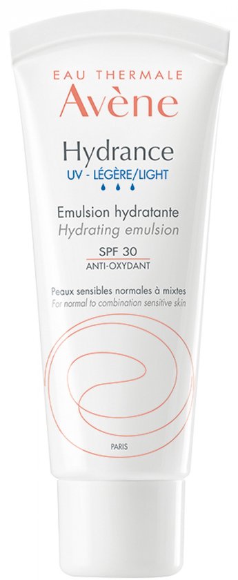 Witte tube met rode en blauwe tekst. Hydrance UV Lichte Emulsie SPF 30.