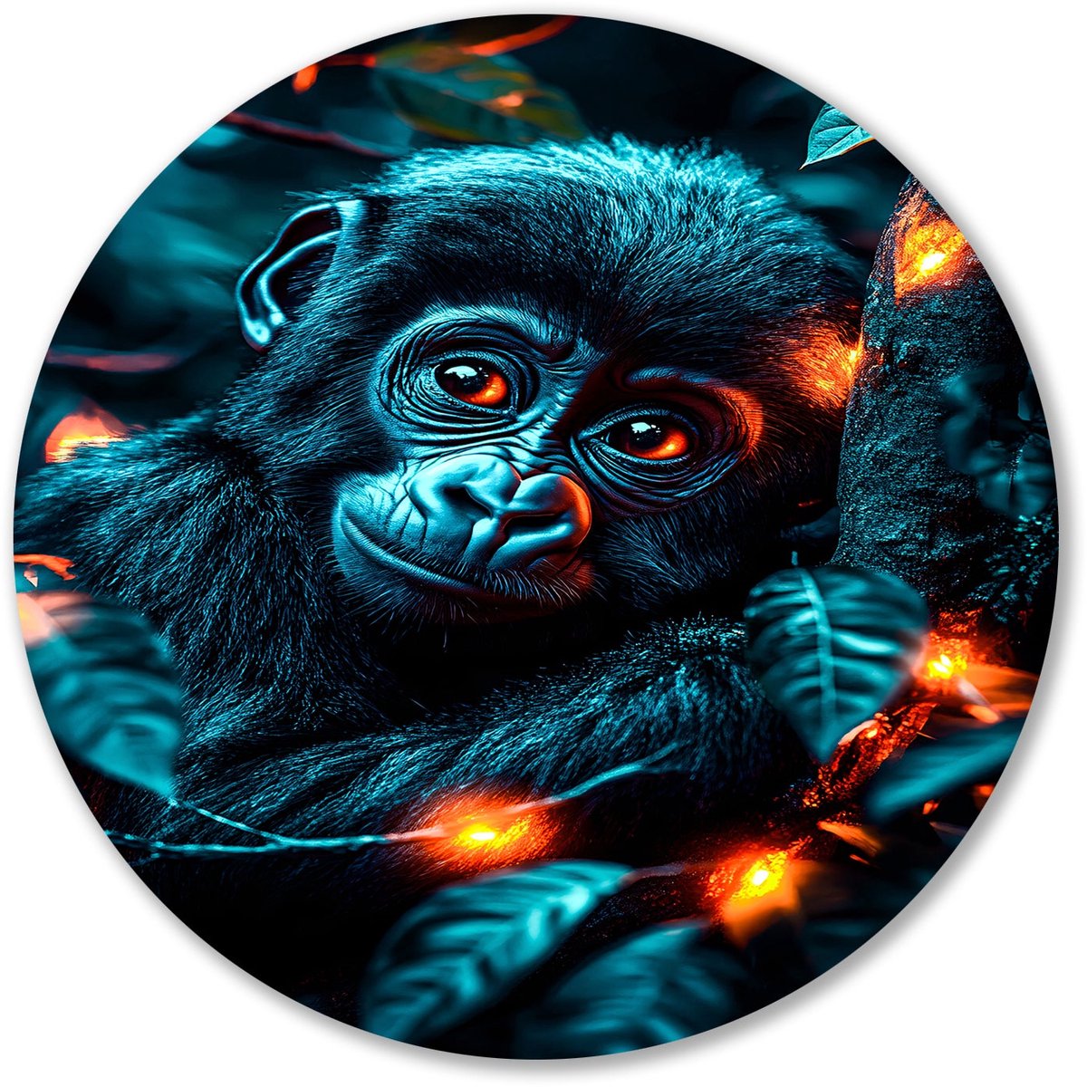 Baby gorilla met lichtaccenten - Aap wandcirkels - Wandobject rond gorilla - Digital Art - Metalen muurdecoratie rond - Schilderijen - Muurcirkel aluminium 100x100 cm