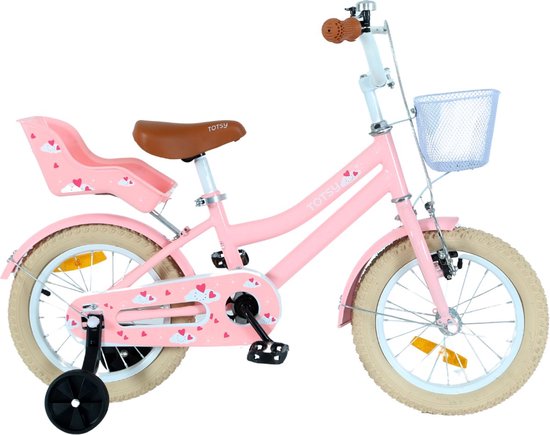 Vélo pour fille TOTSY 14 pouces - avec siège pour poupée - Vélo pour enfants - 3, 4 et 5 ans - Rose - Vélo 14 pouces - Roues d'entraînement incluses