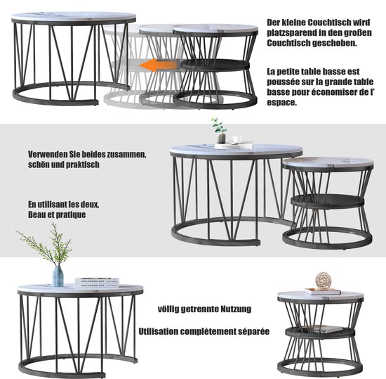 Set de 2 tables basses rondes 70/45 cm, plateau en V Étagère dorée + plateau blanc avec motif marbre, convient pour salon, salle de café, salon - Wit avec Zwart