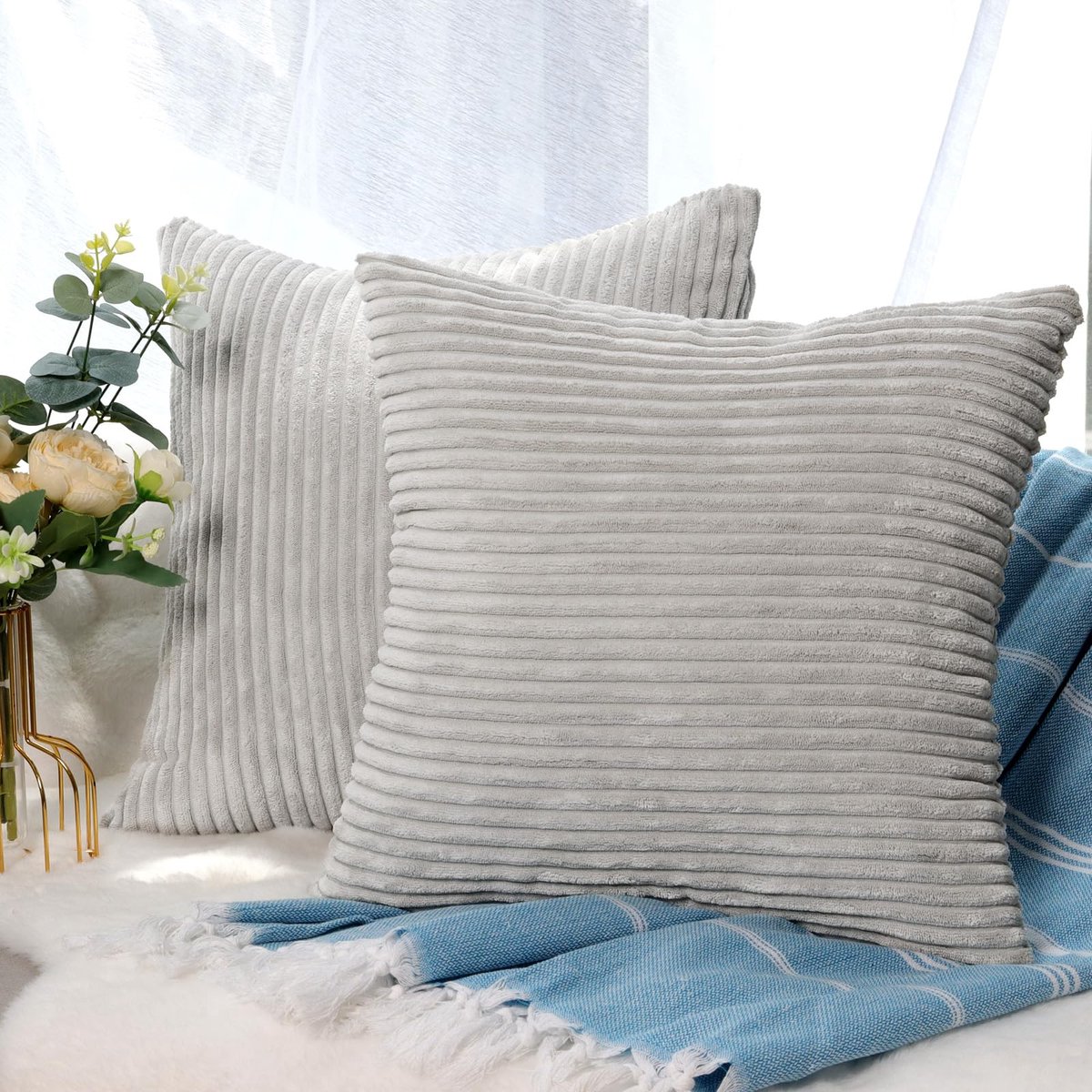 Ibenzoa Stijlvolle en Zachte Corduroy Kussenslopen Set van 2 voor Sierkussens in Diverse Kleuren lichtgrijs