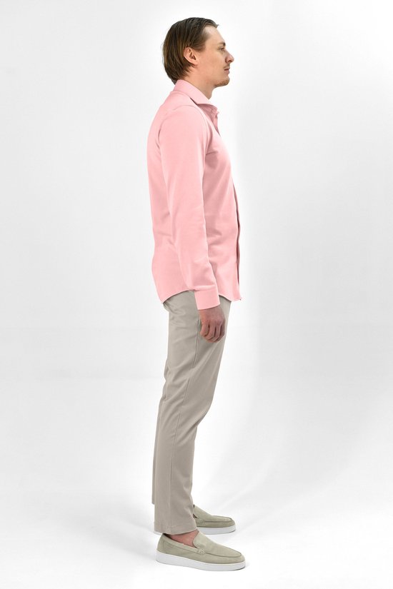 Vercate - Strijkvrij Overhemd - Japanese Knitted - Piqué Katoen - Roze - Slim Fit - Lange Mouw - Heren - Maat 44/XL