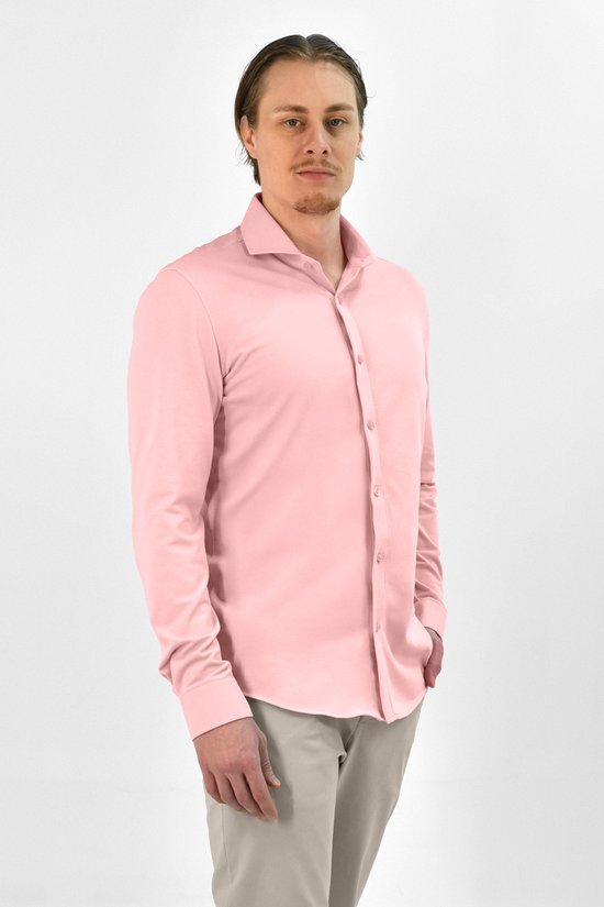Vercate - Strijkvrij Overhemd - Japanese Knitted - Piqué Katoen - Roze - Slim Fit - Lange Mouw - Heren - Maat 44/XL