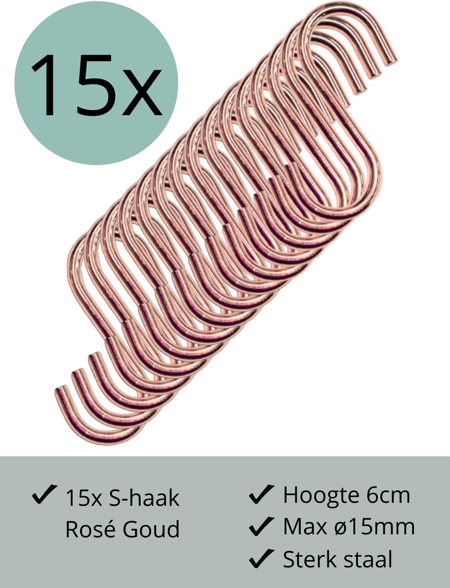 Leathergoodz - 15x S-haakjes Rosé Goud - 6cm/klein - ø15mm - s-haakjes - ophanghaken - handdoekhaakje - S-haken