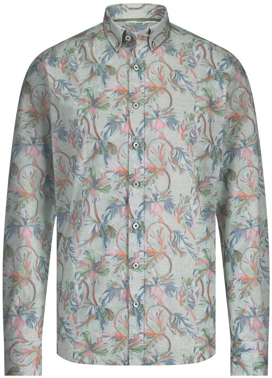Lichtgroen overhemd met palmbomenprint in roze, blauw en groen. Casual shirt met lange mouwen.