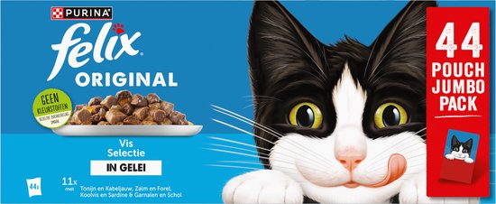 Felix Original in Gelei Vis Selectie 44 pouch jumbo pack. Met een zwart-wit kat die kwijlt.