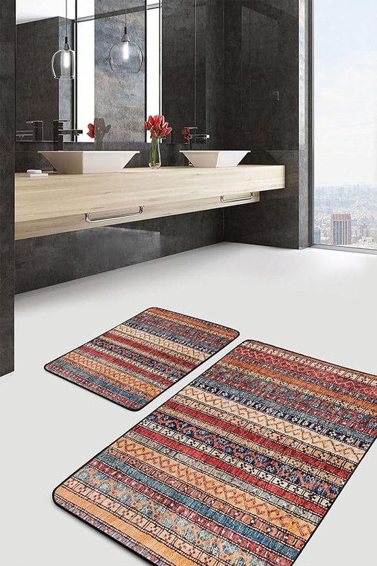 Badmat antidérapant 2 pièces - 60x100 et 50x60 - Tapis de toilette - Motifs ethniques - Paillasson - De Groen Home