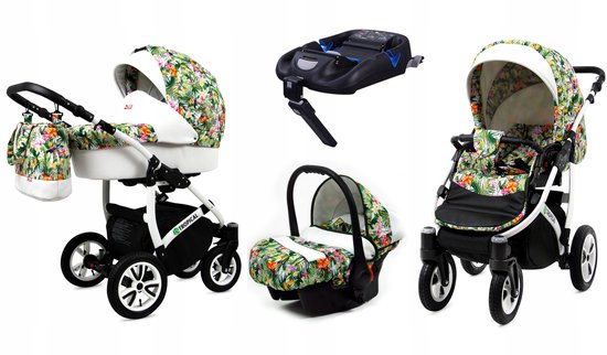 BabyLux® Kinderwagen 4in1 – TROPICAL - TROPICAL FLOWERS - Opklapbare Wandelwagen incl. Reiswieg, Multifunctionele Buggy Sportstoel, Autostoel, ISOFIX basisstation - Combi-kinderwagen met Luiertas, Regenhoes, Klamboe