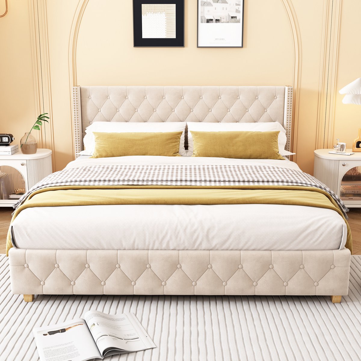 Merax 160 x 200 cm Gestoffeerd bed - Tweepersoonsbed - Houten poten - Zonder matras - Fluweel - Beige