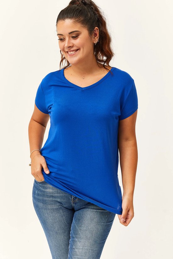 T-shirt Basic à manches courtes et col en V pour femme, taille 3XL, Blauw, taille XXXL