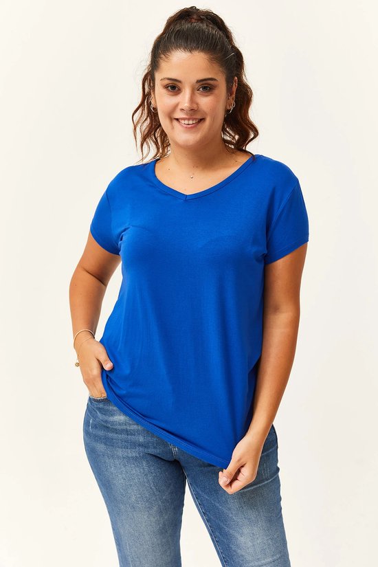 T-shirt Basic à manches courtes et col en V pour femme, taille 3XL, Blauw, taille XXXL