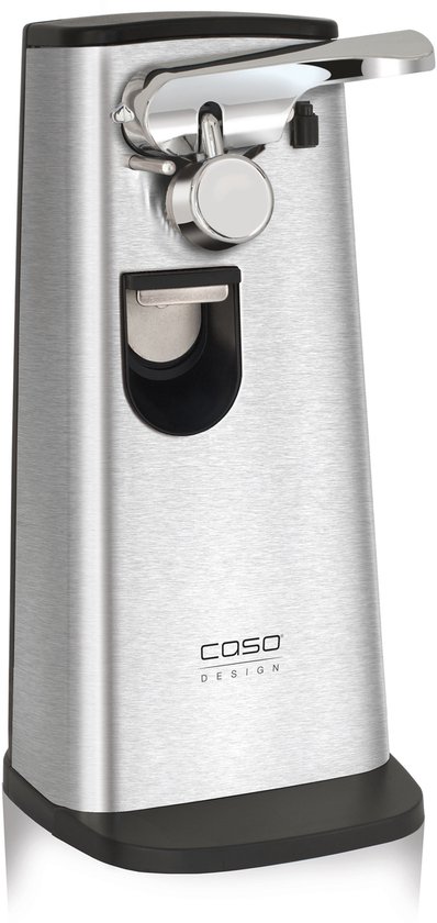 Ouvre-boîte électrique argenté et compact de Caso Design, corps en acier inoxydable avec accents noirs.
