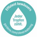 Cirkelvormige GARDENA waterdruppel met tekst "Effizient bewässern Jeder Tropfen zählt."
