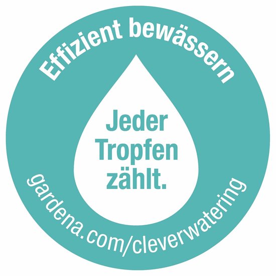 Cirkelvormige GARDENA waterdruppel met tekst "Effizient bewässern Jeder Tropfen zählt."