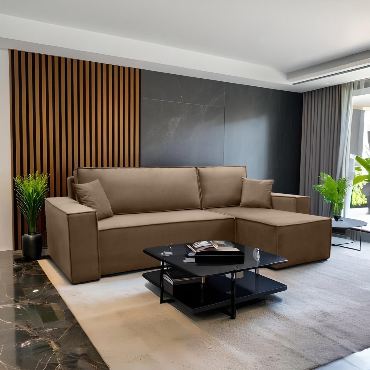 Hoekbank Frenkie - Universeel - Velvet - Beige - Fluweel - Slaapbank met opbergruimte - Lounge Links of Rechts - Direct Leverbaar - Hoekzetel - Chaise longue - Zetel met slaapgedeelte - 3 zits - Zitcomfort Medium