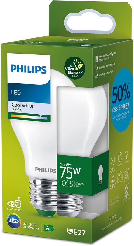 Philips LED-lamp in matglas met E27 fitting, 75W equivalent, 1095 lumen, koelwit licht 4000K.
