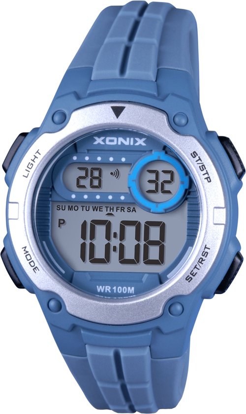 Blauw Xonix digitaal horloge met grijze ring, datum en tijdweergave.