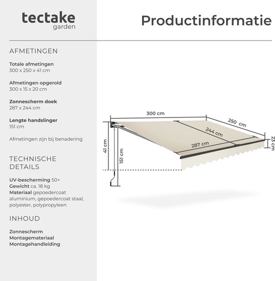 Afmetingen en technische details van een beige zonnescherm, met een technische tekening en maten.