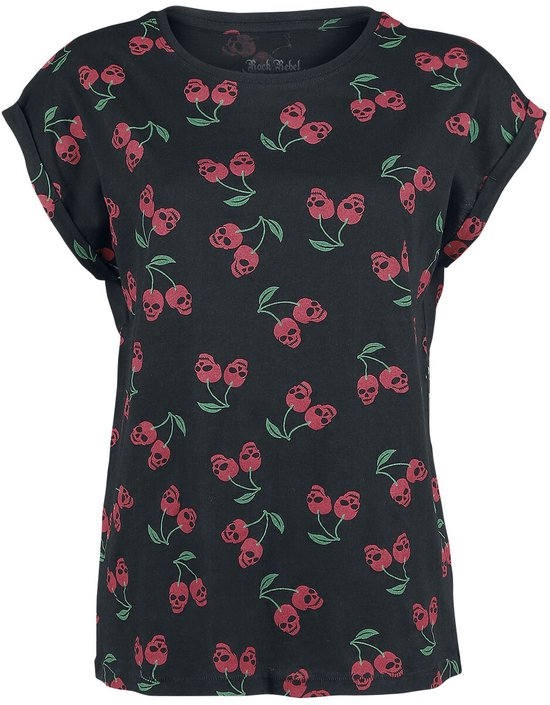 Zwart T-shirt met een all-over print van roze kersen met doodshoofdjes en groene steeltjes.