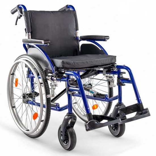 Rolstoel Plaza PL5 – Lichtgewicht aluminium – Blauw – Zitbreedte 50 cm – 13,9 kg – Compact opvouwbaar – Lekvrije PU-banden – Quick-release wielen – Handremmen – Opklapbare armleuningen – Inclusief zitkussen