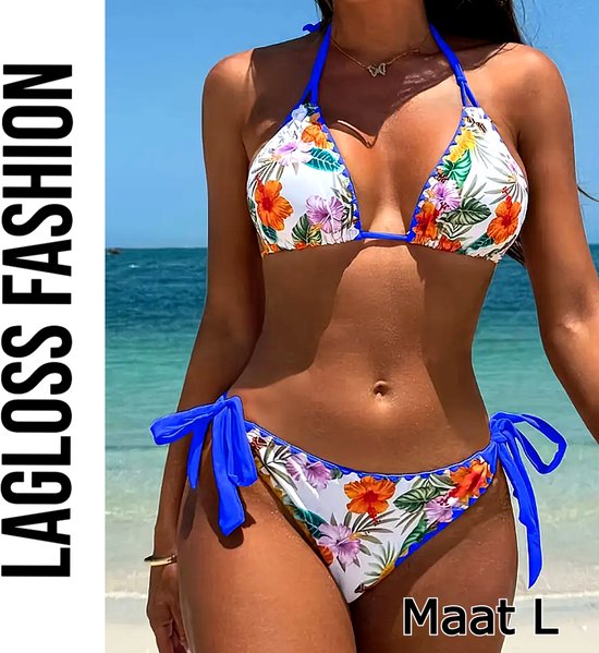 Set de bain 2 pièces LaGloss® Wit Blauw à imprimé floral pour femme avec col en V– Taille L