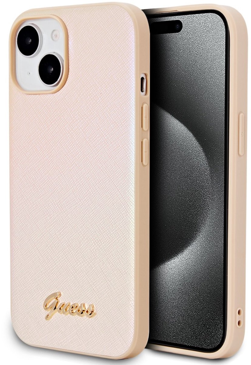 Guess Iridescent Metal Script Back Case - Apple iPhone 15 (6.1") - Goud