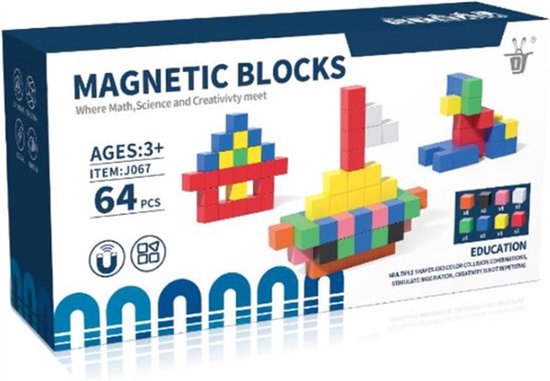 AQXONG 64-delig magnetisch bouwblokkenspeelgoed Magnetisch bouwspeelgoed Educatief bouwstenen speelgoed Bouwspeelgoed voor kinderen Geschikt voor 3 kinderen