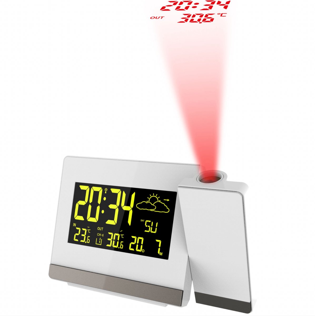 Radio gestuurde wekker - Projectie van Tijd en Temperatuur - Inc. buitensensor - Weersvoorspelling - Datum - Technoline WT 549