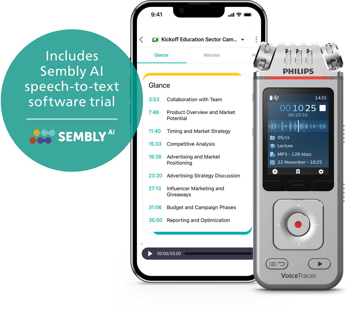 Philips DVT4115 Audiorecorder - 3Mic Stereo - Spraakherkenning Sembly Ai cloudsoftware - Smartphone-app - USB-C
