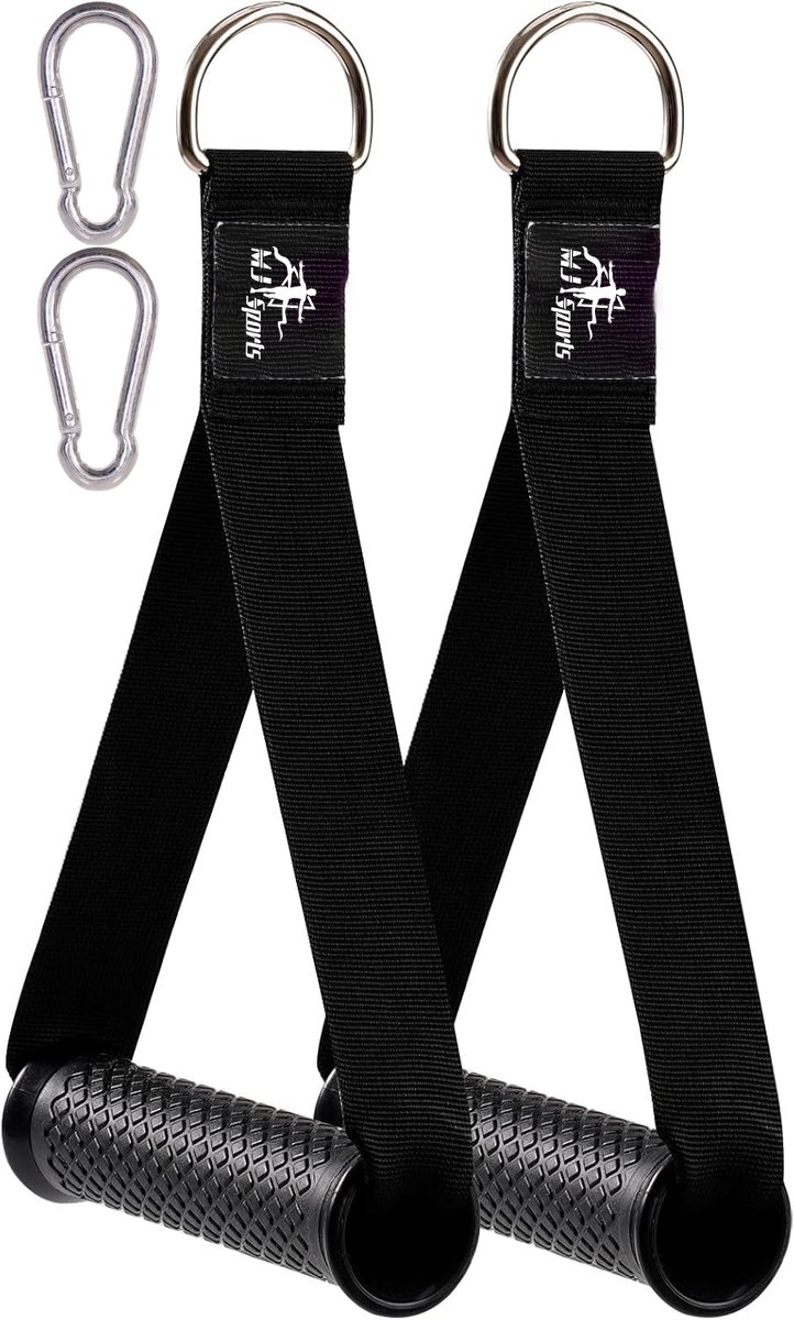 MJ Sports Premium Strap Handles Inclusief 2 Karabijnhaken - Handvatten Set - Strap Handle - Cable Crossover - Fitness - Handgrepen met D-ring - Zwart