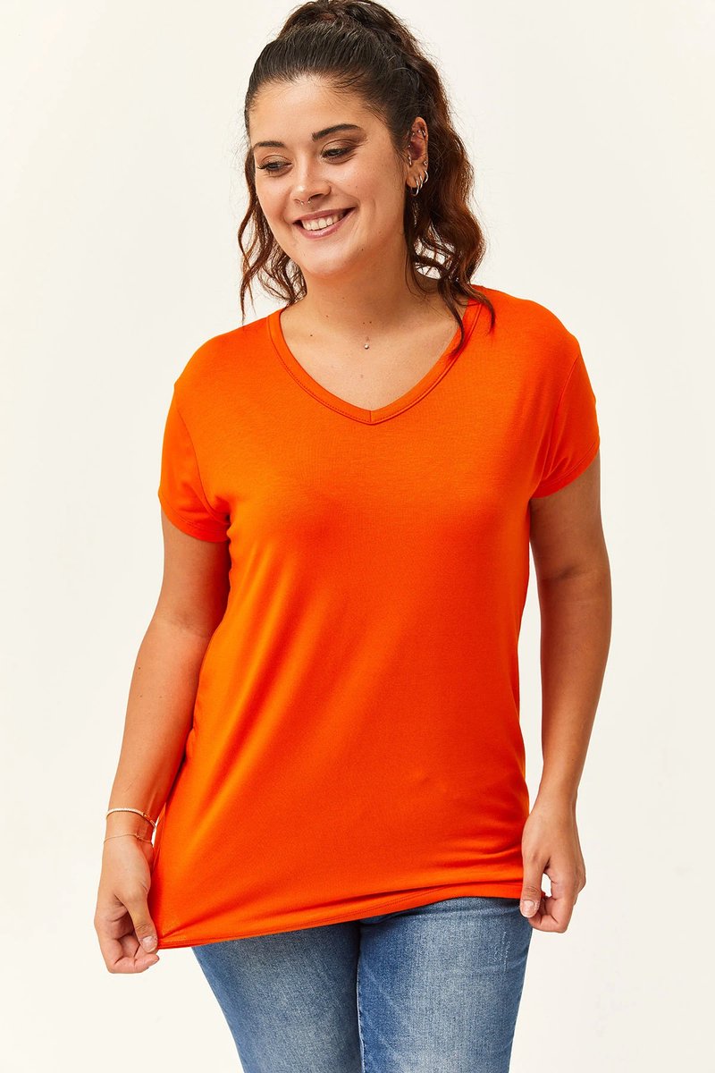 Dames 3XL Grote Maten V-Hals Basic Kortemouw T-Shirt Oranje