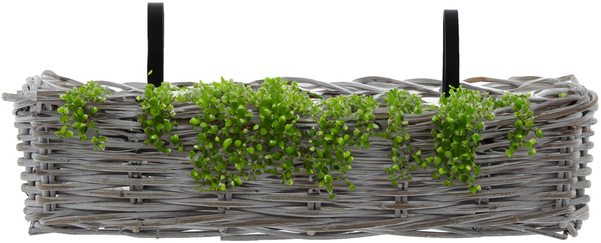 Van der Leeden Balkonmand - rotan gevlochten - wit -60 x 20 x 16 cm - bloemen/planten mand - schuttingmand - hangmand - plantenpot - bloempot