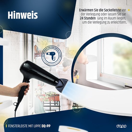 Witte profiel met gele plakrand, wordt verwarmd met een föhn voor installatie.