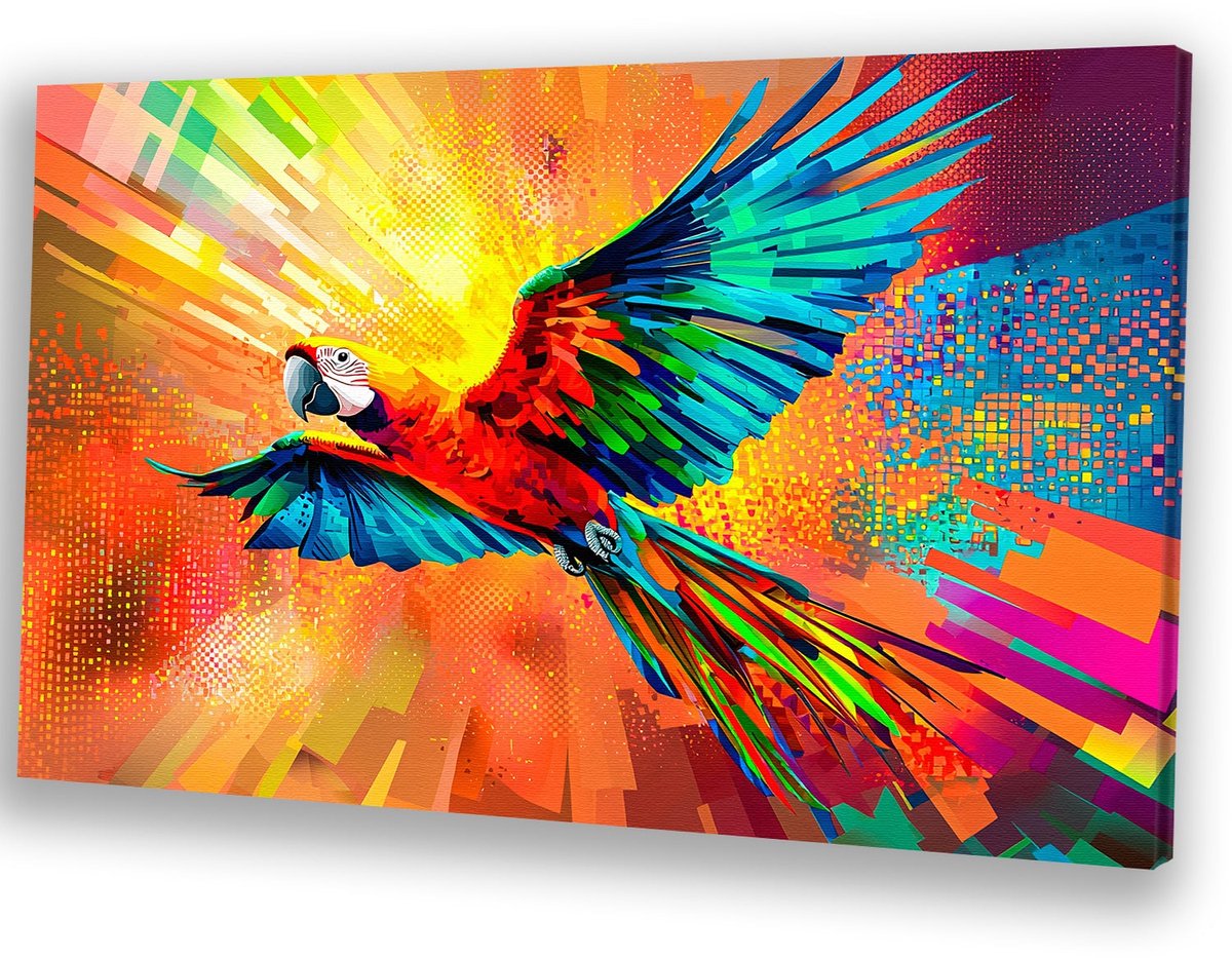 Kleurrijke vliegende papegaai in actie - Papegaai schilderijen canvas - Muurdecoratie canvas dieren - Pop Art - Klassiek schilderijen - Kunstwerken schilderij - canvas 90x60 cm