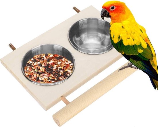 Felenny Papegaaien Voerbak Roestvrij Staal Voedsel Water Feeder Met Houten Standaard Vogel Schotel Feeder Kooi Accessoire Voor Budgies Parkiet Valkparkieten Kleine Dier Kooi Kom