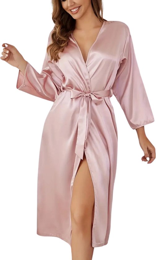 Bovista Satijnen Badjas Dames - Kimono - Kamerjas - Satijn - Ochtendjas - Pyjama - Roze - Maat L