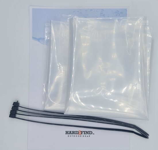 Set met 3 lege, transparante plastic zakken en 4 zwarte ty-wraps op een papieren ondergrond.