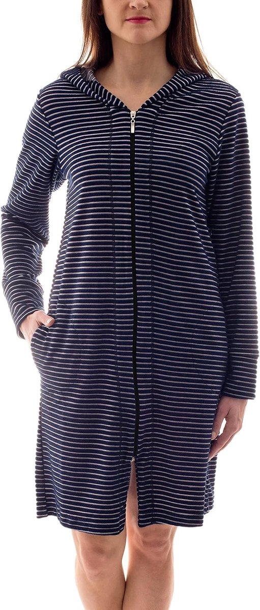 Ibenzoa® Dames Badjas Gestreept, Robuuste Constructie, Zachte Fleece Voering, Uitstekende Warmte