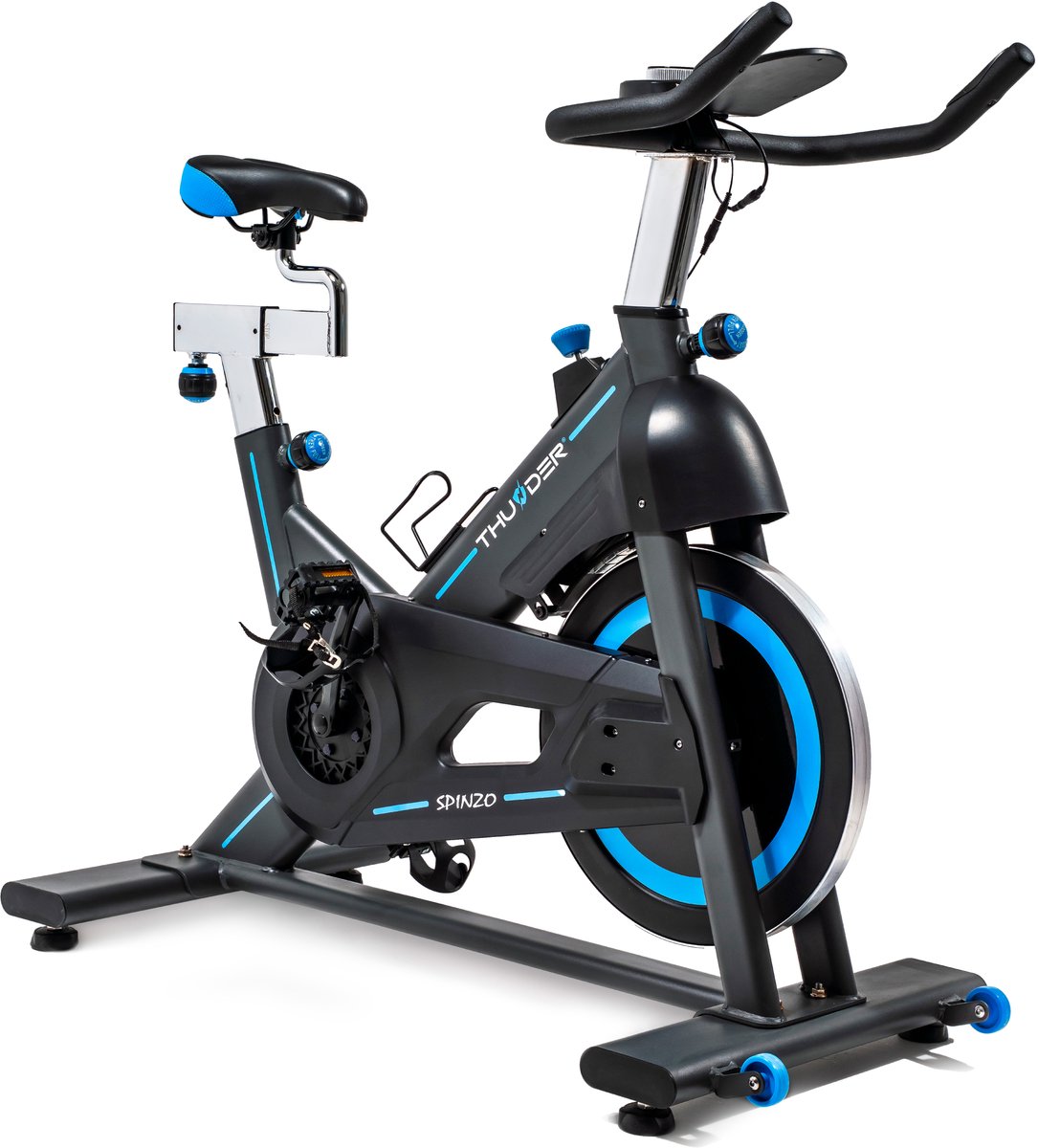 THUNDER® Hometrainer | SPINZO | MECHANISCHE-SPINFIETS | Robuust en Stil | Bluetooth® | Verstelbaar zadel en stuur | LCD-display | Vliegwiel 18 kg | Transportwielen | Antislip pedalen | Voor thuisgebruik | Tot 135 kg gebruikersgewicht |