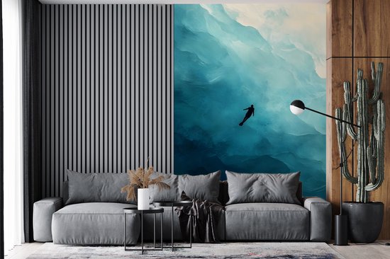 Behang - Fotobehang Zee - Silhouet - Abstract - Blauw - Breedte 145 cm x hoogte 220 cm