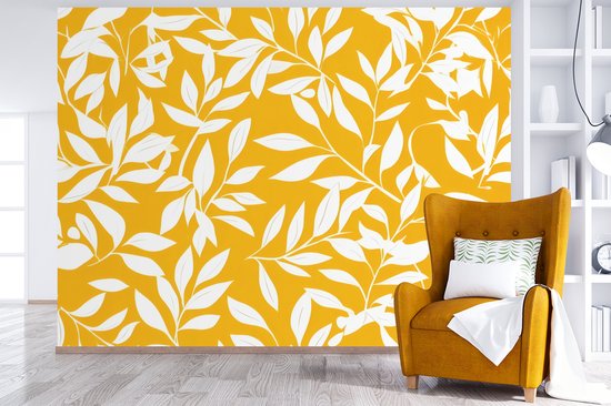 Behang - Fotobehang Bladeren - Takken - Geel - Breedte 350 cm x hoogte 260 cm