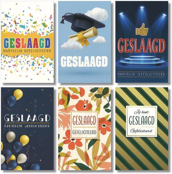 Collage van zes wenskaarten met de tekst 'Geslaagd' en 'Gefeliciteerd'.