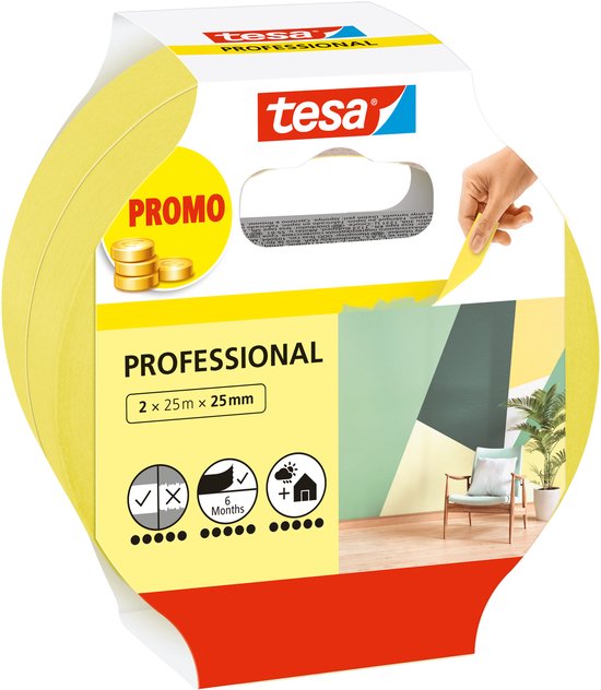 Ruban de masquage Tesa Professional, paquet de 2 rouleaux de 25m x 25mm.