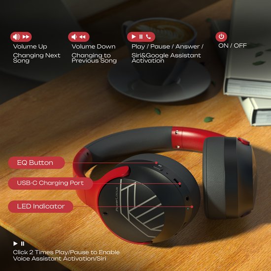 Zwarte en rode over-ear koptelefoon met volumeknoppen, play/pauze, en aan/uit-knop.