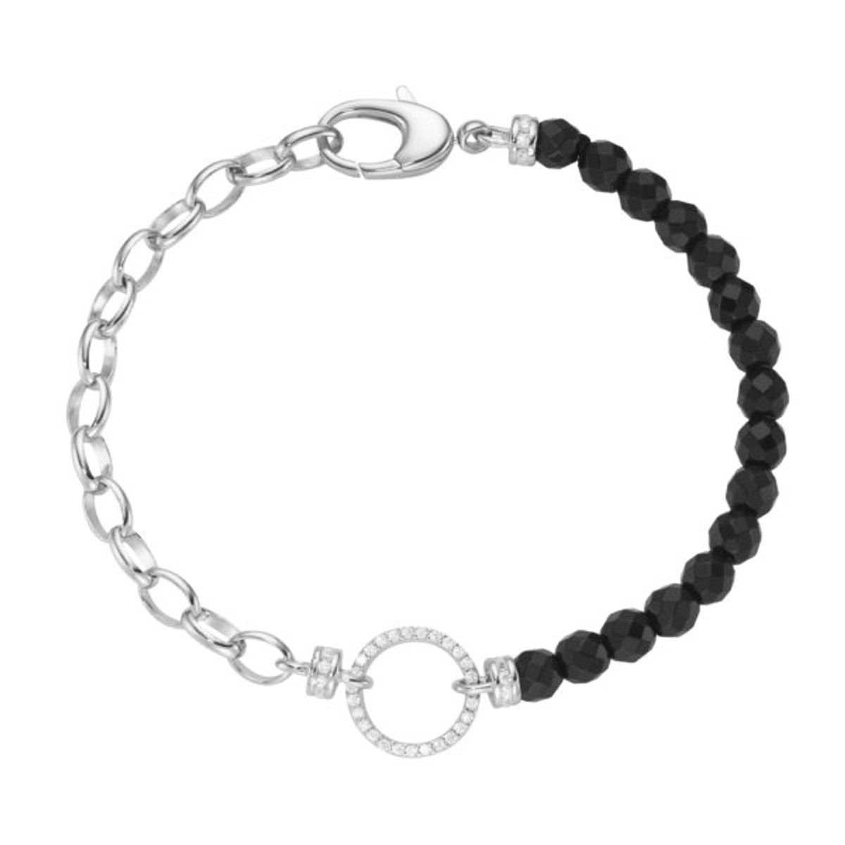 Gerhodineerd 925/000 sterling zilver armband 19 cm, met agaat bolletjes zwart, wit zirkonia middenring.