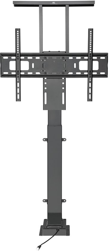 Zwarte elektrische TV-standaard met een enkele paal en tv-bevestigingsbeugels, met een basis en kabel.