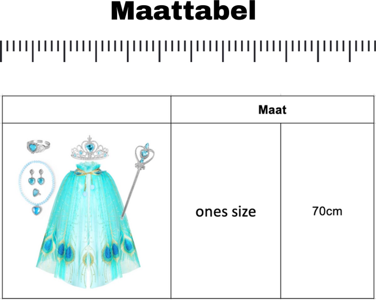 Joya Kids® Verkleedcape met Accessoires Blauw met Paauw Veren | Prinsessencape | Cape Set | Unicorn | Meisje Verkleedset | Carnvalskleding Meisjes | Met Kroon, Staf en Sieradenset — afbeelding 10