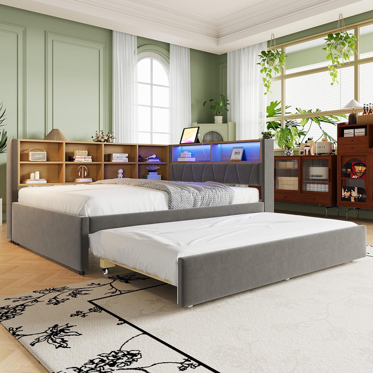 Tweepersoonsbed slaapbank voor volwassenen 140x200 onderschuifbed 90x190 met USB aansluiting en talrijke opbergvakken donkergrijze