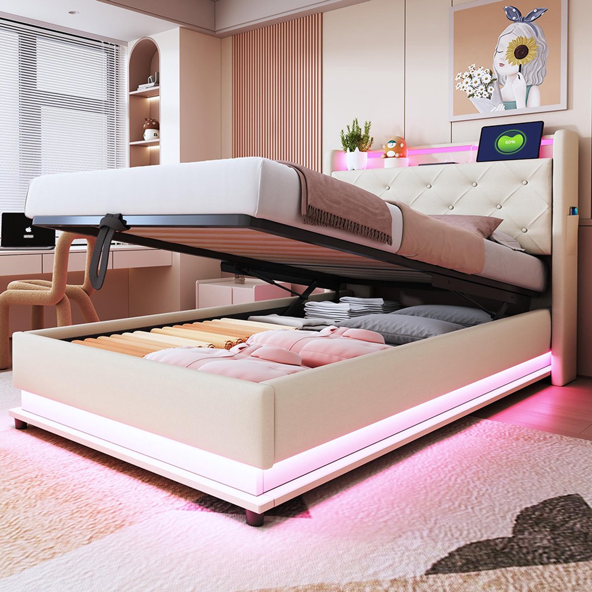 KOMHTOM Kinderbed Chest bed 90x200 cm met kleurveranderlijke verlichting en USB-aansluiting opklapbaar hoofdeinde met hydraulische opbergruimte met beige linnen zak Roze