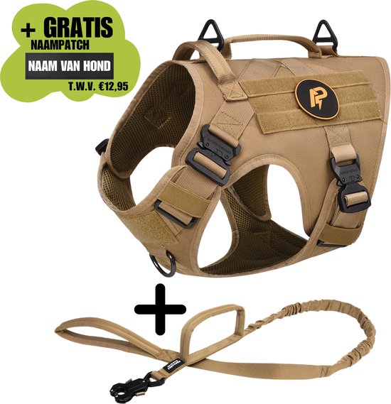 Always Prepared® Pro Combi Deal - Hondentuig + Riem - Anti-Trek Set voor Middel en Grote Honden - Khaki - Maat M